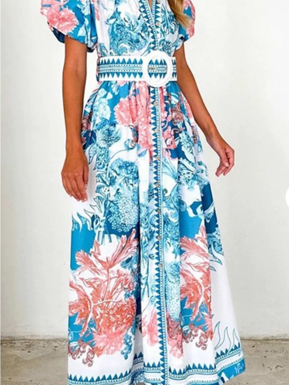 Tropical Floral Maxi Dress Puff Sleeve Resort Coastal Wedding Guest Feminine S - Picture 5 of 8